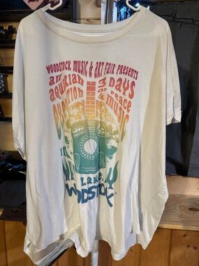Terra & Sky White Woodstock Graphic Short Sleeve Tee with Rainbow Print
